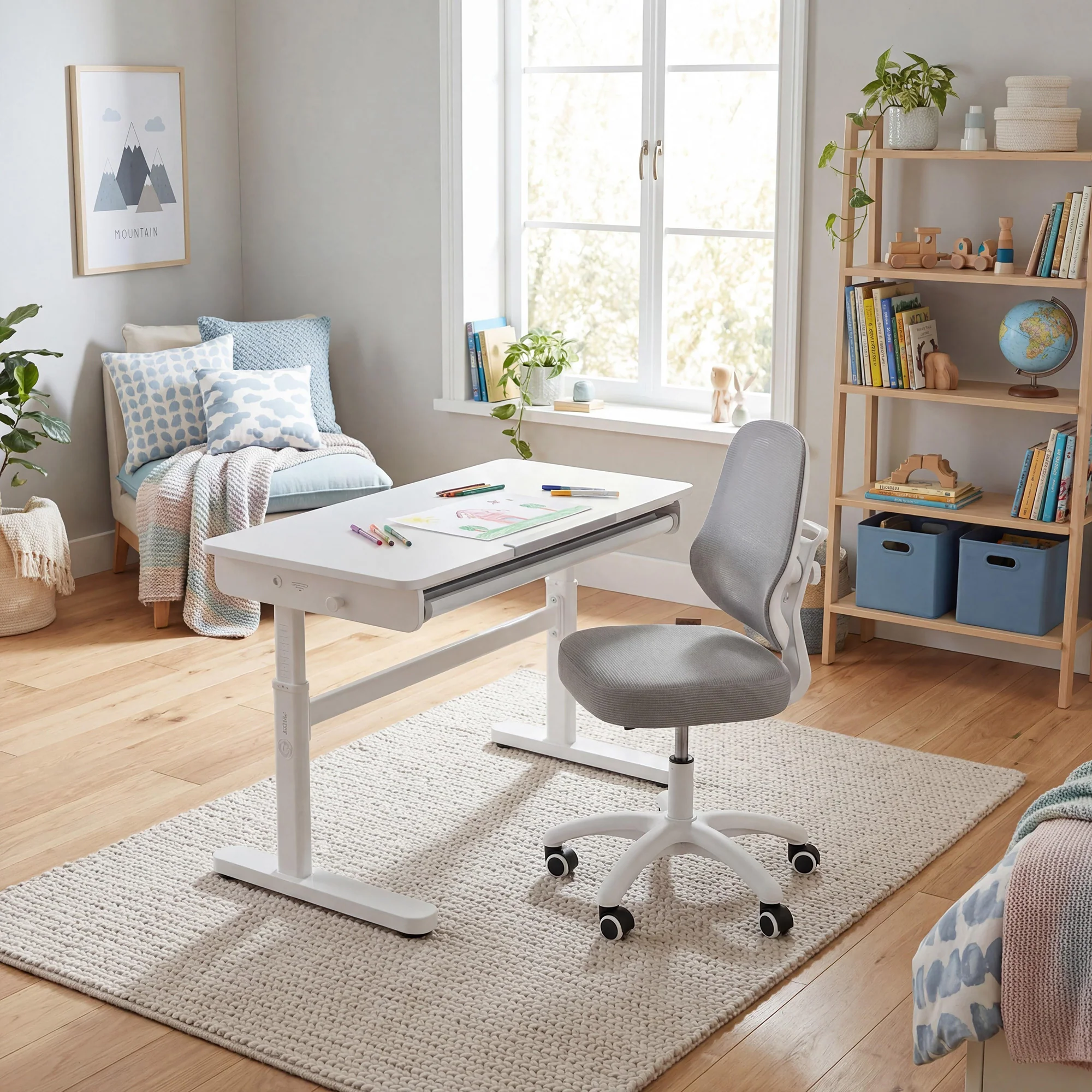 Schreibtisch mit Schublade weiß - Höhenverstellbarer Kinderschreibtisch 62-78 cm - Ergonomischer Kinderschreibtisch mit Stauraum - Für Kinder & Jugendliche - Inkl. Schubfach - 110x60 cm - Modernes Design - Stabil & Pflegeleicht - Image 11