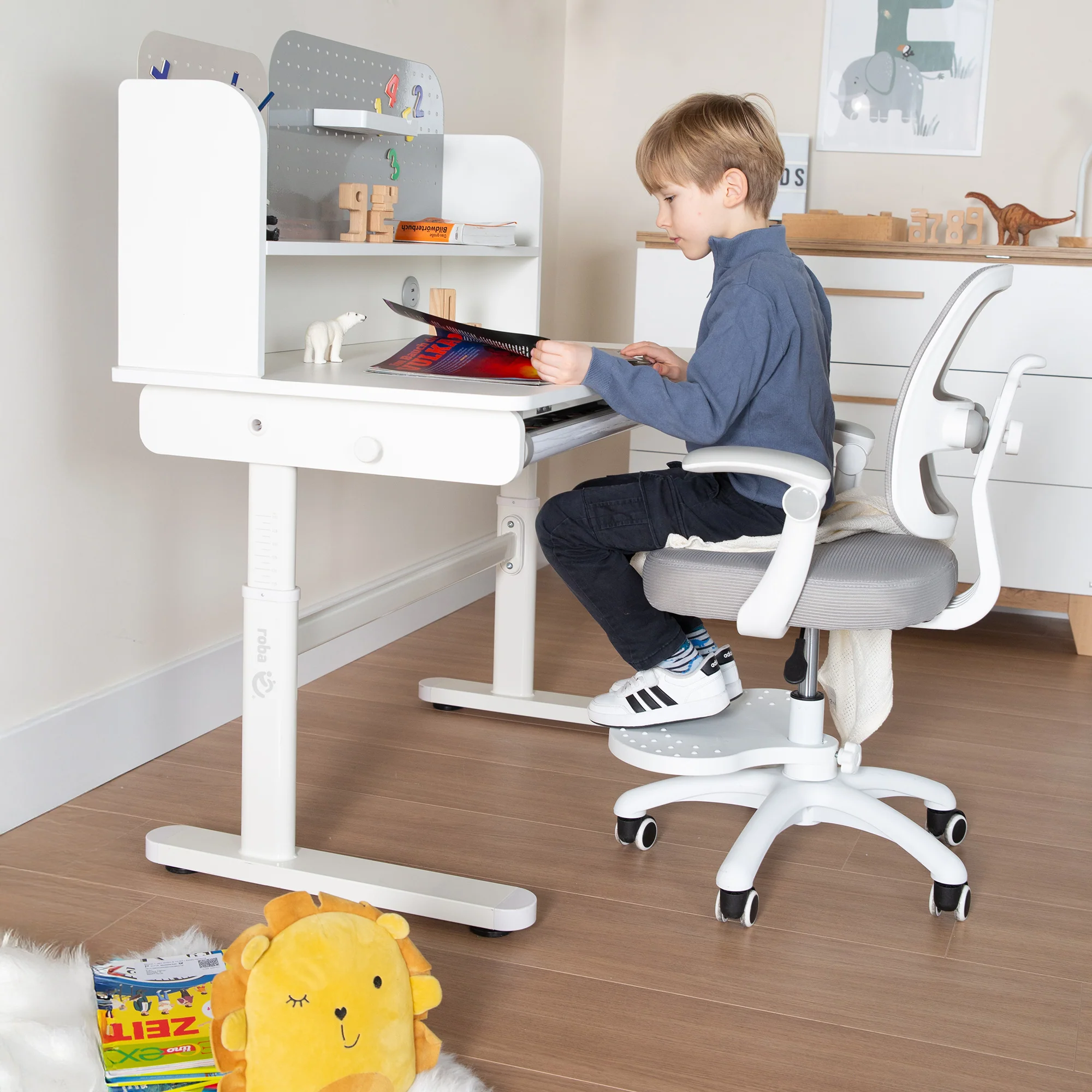Schreibtisch mit Schublade weiß - Höhenverstellbarer Kinderschreibtisch 62-78 cm - Ergonomischer Kinderschreibtisch mit Stauraum - Für Kinder & Jugendliche - Inkl. Schubfach - 110x60 cm - Modernes Design - Stabil & Pflegeleicht - Image 15