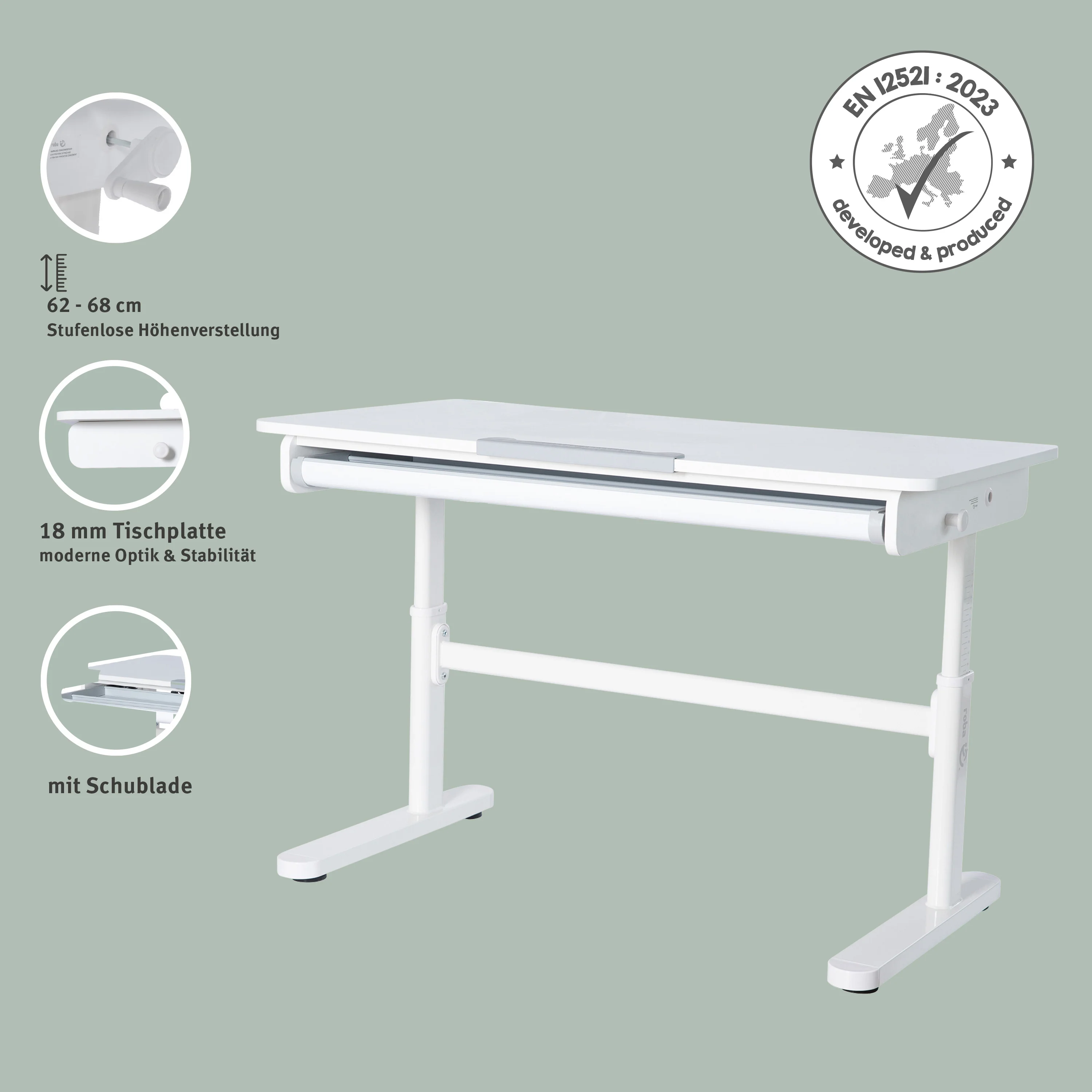 Schreibtisch mit Schublade weiß - Höhenverstellbarer Kinderschreibtisch 62-78 cm - Ergonomischer Kinderschreibtisch mit Stauraum - Für Kinder & Jugendliche - Inkl. Schubfach - 110x60 cm - Modernes Design - Stabil & Pflegeleicht - Image 6