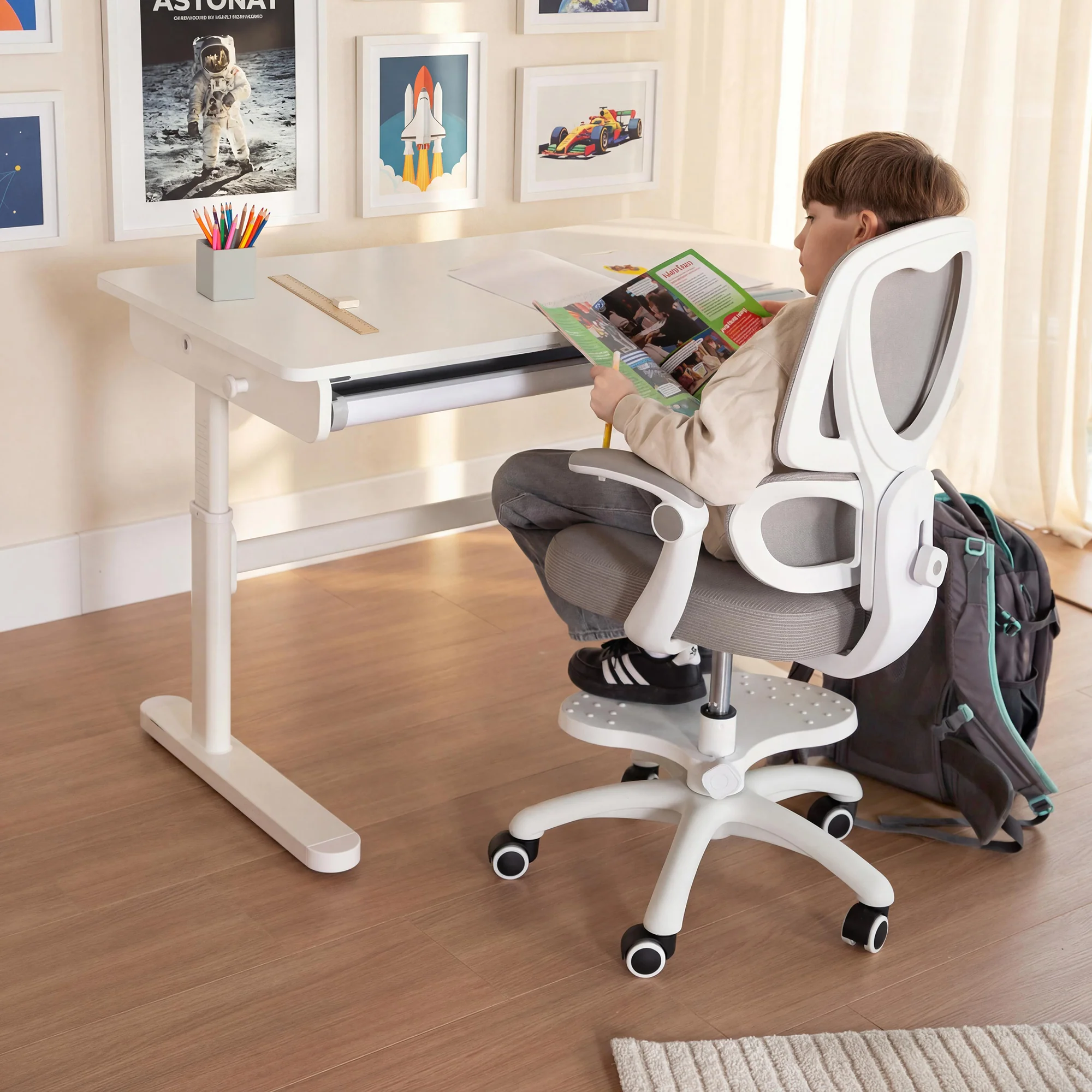 Schreibtisch mit Schublade weiß - Höhenverstellbarer Kinderschreibtisch 62-78 cm - Ergonomischer Kinderschreibtisch mit Stauraum - Für Kinder & Jugendliche - Inkl. Schubfach - 110x60 cm - Modernes Design - Stabil & Pflegeleicht - Image 8