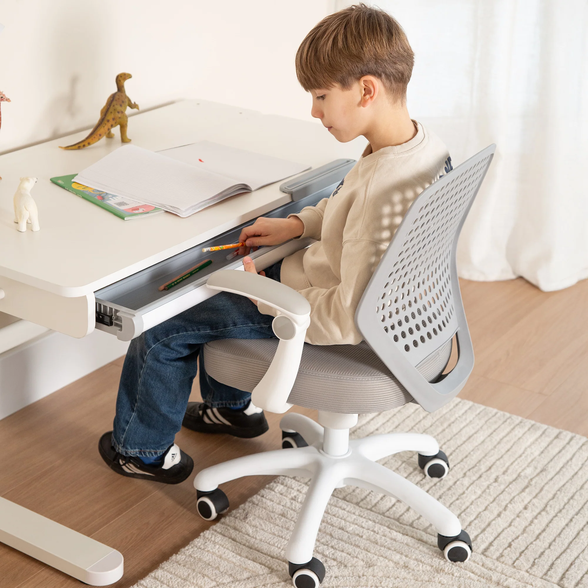 Schreibtisch mit Schublade weiß - Höhenverstellbarer Kinderschreibtisch 62-78 cm - Ergonomischer Kinderschreibtisch mit Stauraum - Für Kinder & Jugendliche - Inkl. Schubfach - 110x60 cm - Modernes Design - Stabil & Pflegeleicht - Image 9