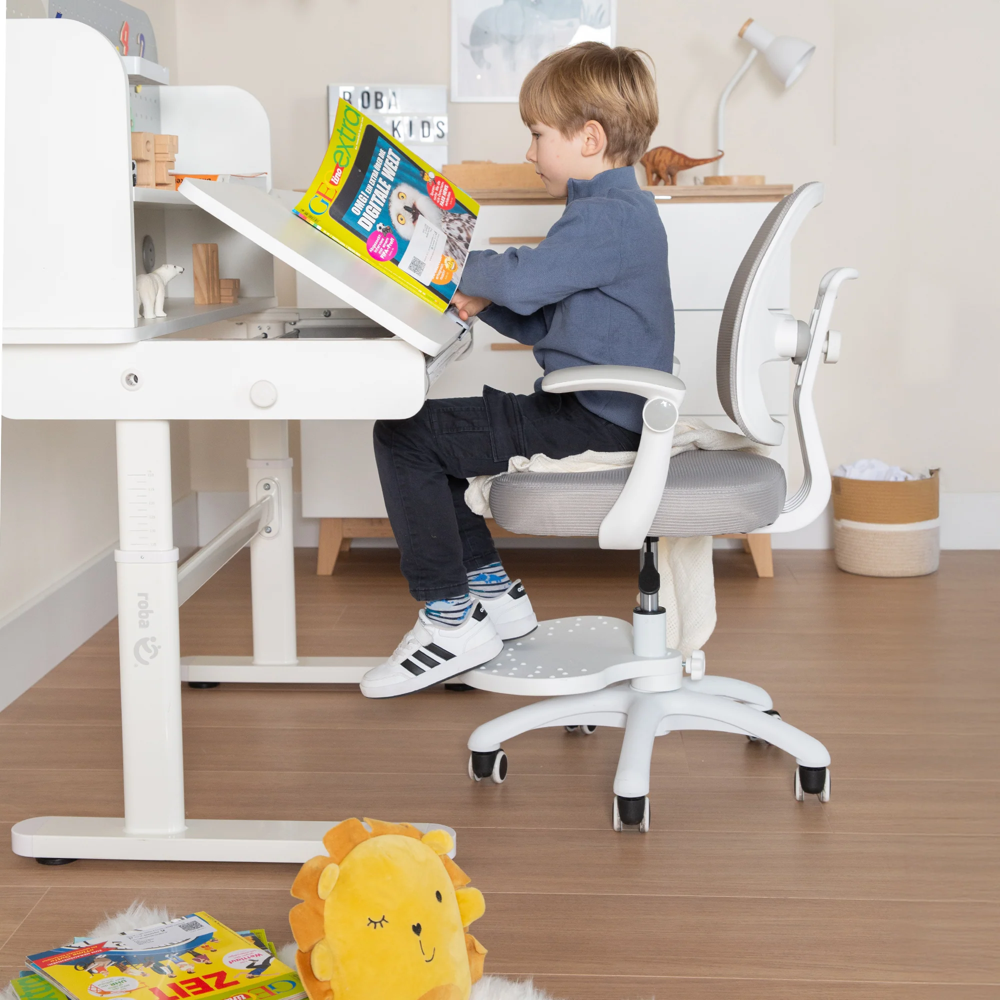 Schreibtisch neigbar mit Schublade weiß - Höhenverstellbarer Kinderschreibtisch 62-78 cm - Mit neigbarer Arbeitsplatte & Stauraum - Für Kinder & Jugendliche - Ergonomisch & funktional - 110x60 cm - Modernes Design - Image 18