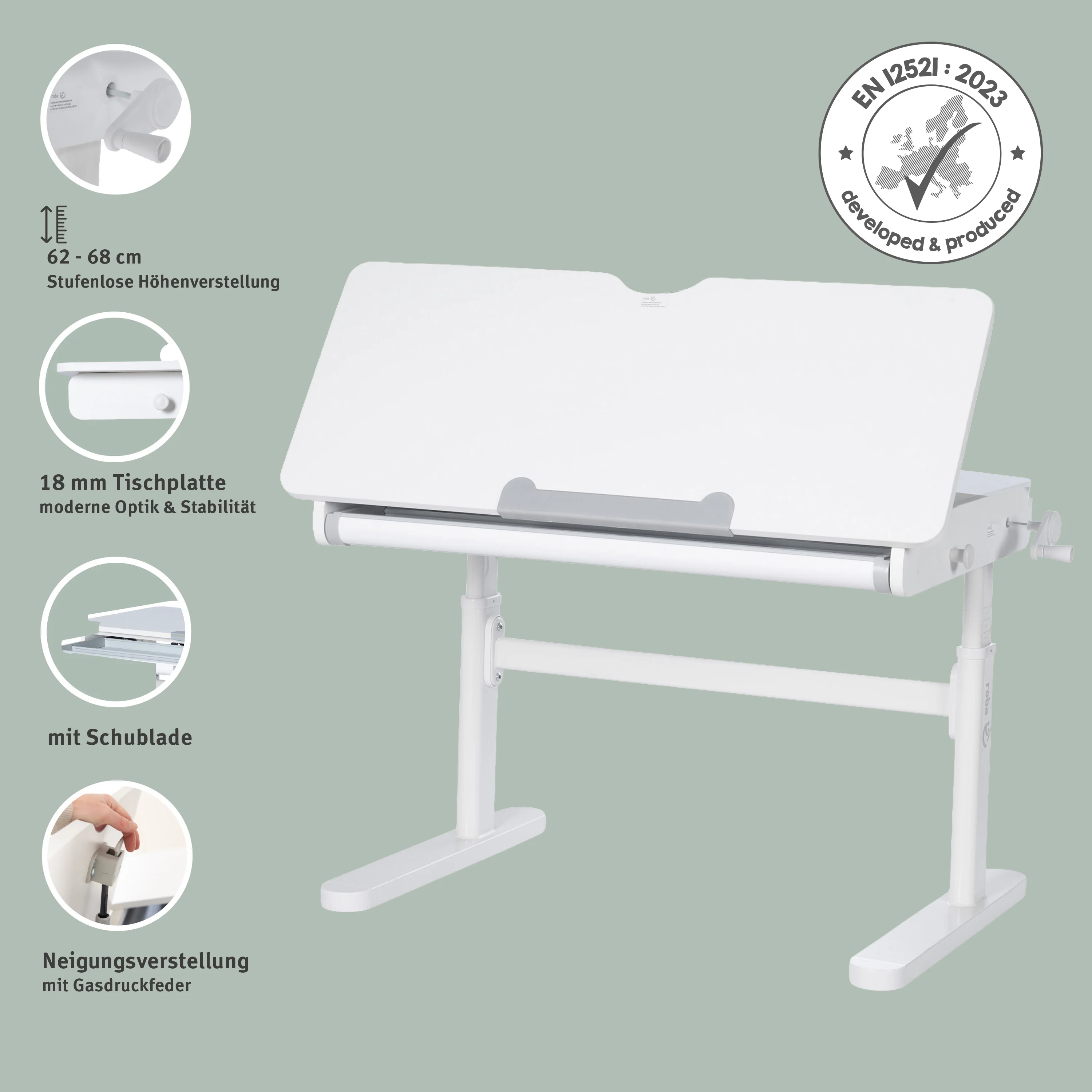 Schreibtisch neigbar mit Schublade weiß - Höhenverstellbarer Kinderschreibtisch 62-78 cm - Mit neigbarer Arbeitsplatte & Stauraum - Für Kinder & Jugendliche - Ergonomisch & funktional - 110x60 cm - Modernes Design - Image 3